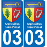 03 Arpheuilles-Saint-Priest autocollant sticker plaque immatriculation auto ville