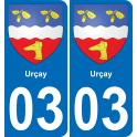03 Urçay autocollant sticker plaque immatriculation auto ville