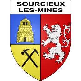 Pegatinas escudo de armas de Sourcieux-les-Mines adhesivo de la etiqueta engomada