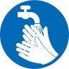 Obligation de se laver les mains indication obligatoire information eau robinet main savon autocollant sticker logo983
