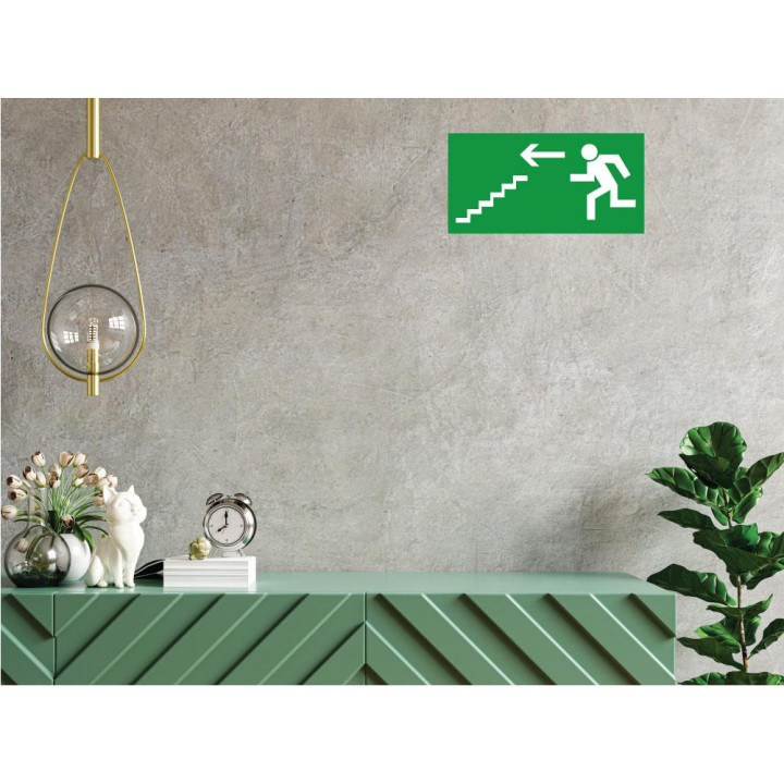Indication Sortie de secours escalier descendre flèche gauche information autocollant sticker logo168