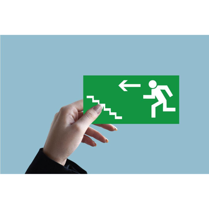 Indication Sortie de secours escalier monter flèche gauche information autocollant sticker logo647