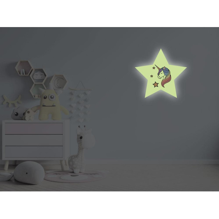Unicorn luminescent Licorne étoile arc-en-ciel phosphorescent décoration mur autocollant sticker logo1