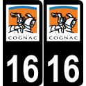 16 Cognac logotipo de la etiqueta engomada de la placa de registro de la ciudad fondo negro