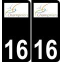 16 Champniers logotipo de la etiqueta engomada de la placa de registro de la ciudad fondo negro