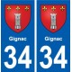 34 Gignac blason ville autocollant plaque stickers