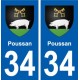 34 Poussan blason ville autocollant plaque stickers