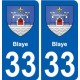 33 Blaye blason ville autocollant plaque stickers
