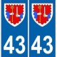 43 Haute Loire autocollant plaque blason armoiries stickers département