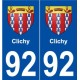 92 Clichy blason autocollant plaque stickers ville