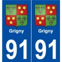 91 Grigny escudo de armas de la etiqueta engomada de la placa de pegatinas de la ciudad