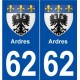 62 Ardres blason autocollant plaque stickers ville
