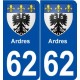 62 Ardres blason autocollant plaque stickers ville